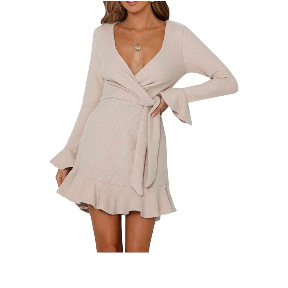 Selfie Leslie Wrap Dress Size M Zipper V Neck Ruffles Cream =Z